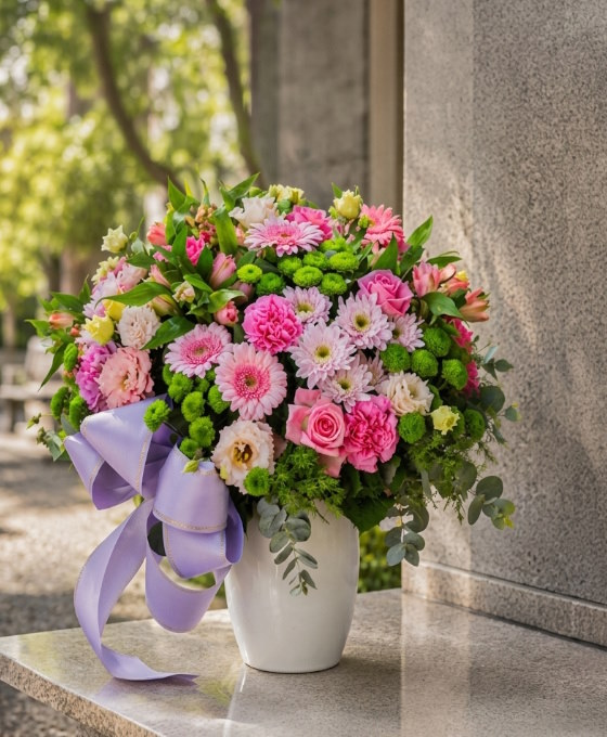 Bouquet funéraire rose en vase — Aurore Rosée, fleurs de deuil livrées à Paris