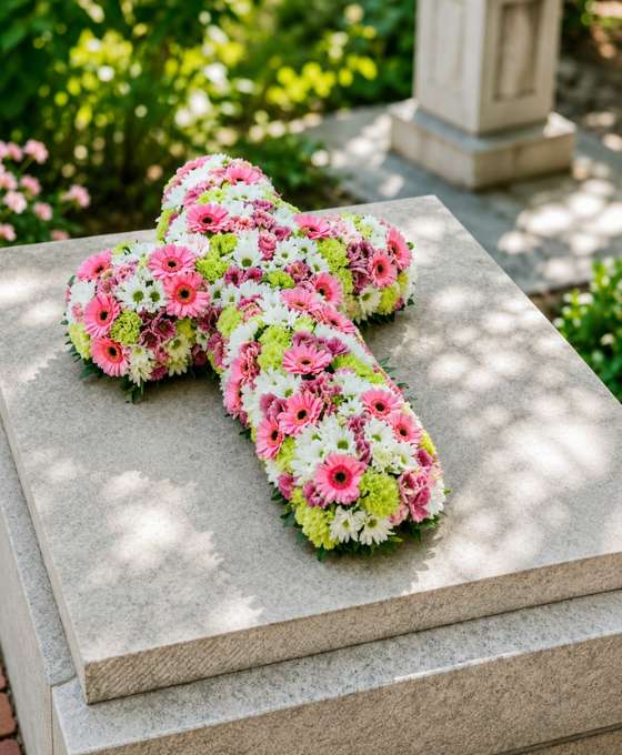 Croix funéraire fleurie rose et blanche — Croix du Souvenir, fleurs de deuil livrées à Paris